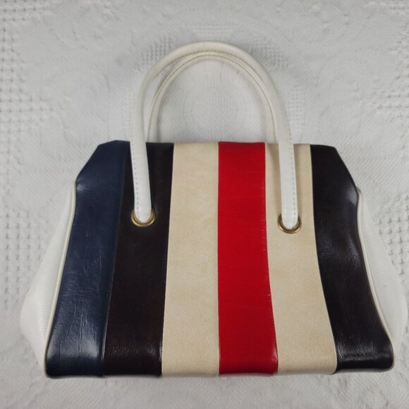 Vintage purse frame bag MCM classic white blue black cream red wide retro stripe - Picture 5 of 12
